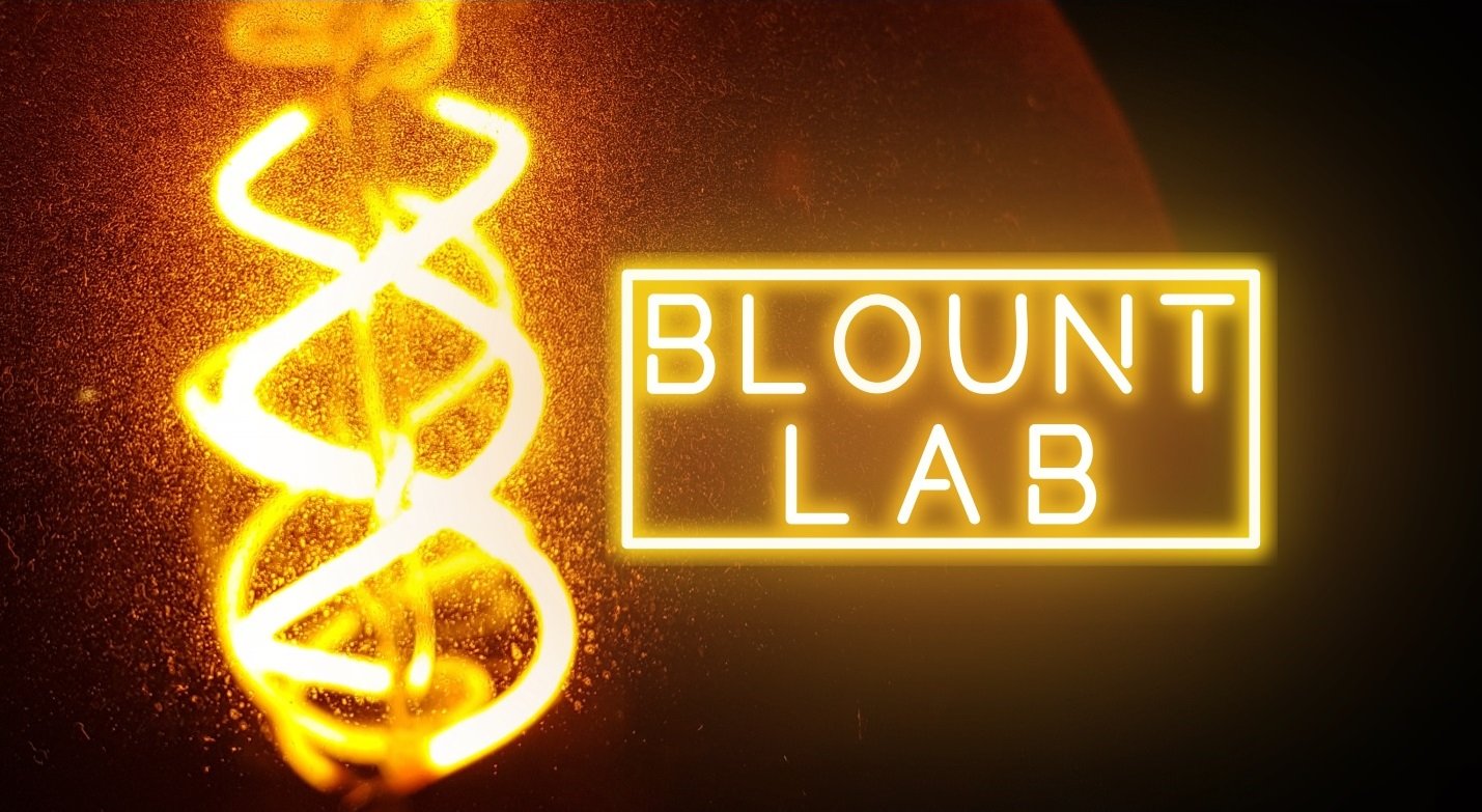 Neon sign reading Blount Lab beside a glowing DNA double helix